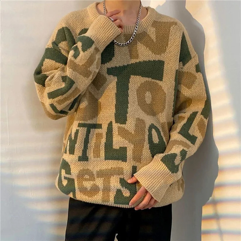 Winter Fashion Trend Contrast Color Round Neck Letter Loose and Versatile Ruffle Handsome Knitted Long Sleeve Mens Sweater 240729
