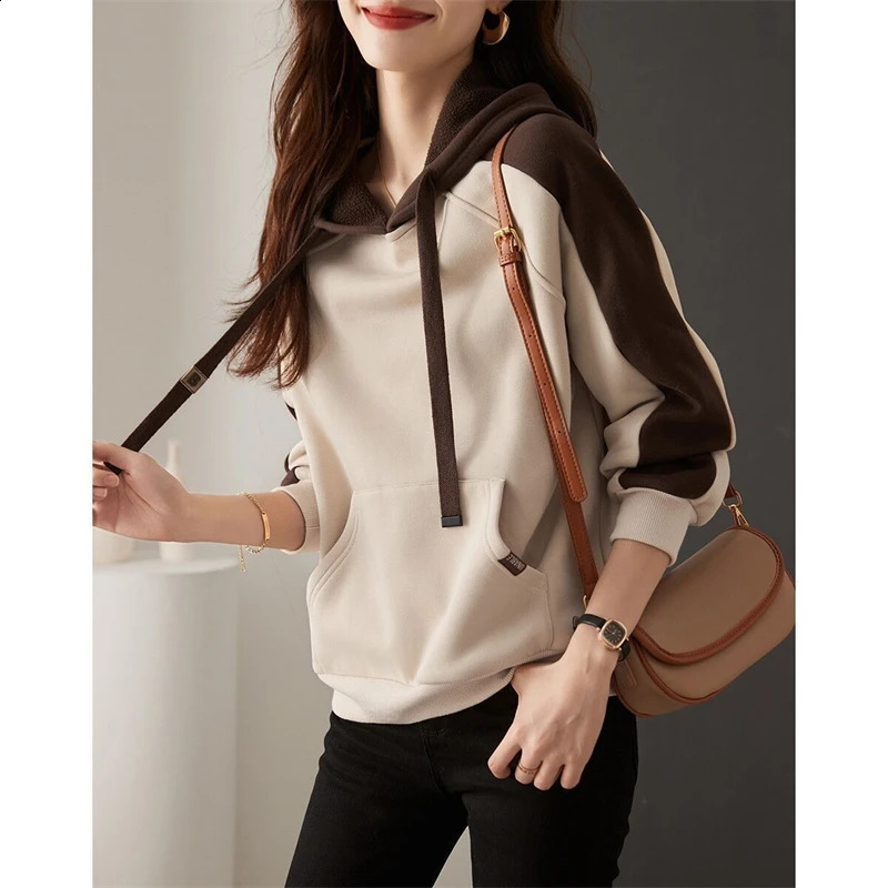 Women Korean Patchwork Fleece Hooded Sweatshirts Autumn Winter Casual Long Sleeve Pullover Tops Female Vintage Oversized Hoodies 240805