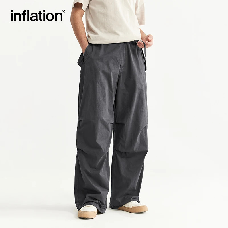 INFLATION Baggy Parachute Pants Streetwear Mens Elastic Waist Washed Cargo Male 100% Cotton Trousers 240806