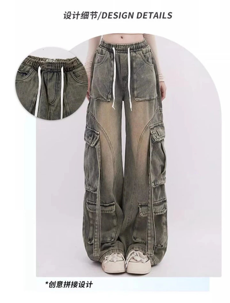 Womens Y2k Cargo Jeans Japanese 2000s Style Streetwear Harajuku Korean Baggy Denim Trousers Jean Pants Vintage Trashy Clothes 240806