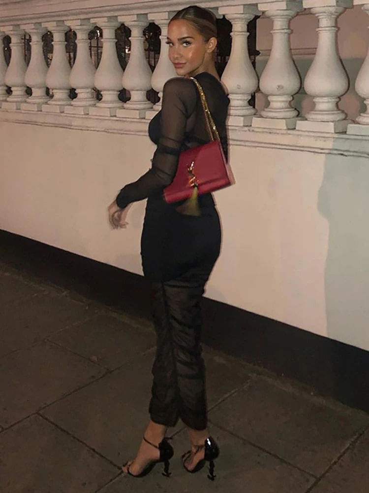 Articat Mesh See Through Women Dress Sexy 3 Piece Set Elegant Fashion Female Clothing Casual Slim Camisole Black Bodycon Skirts 240806