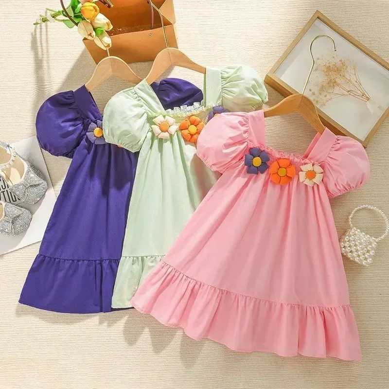 Summer Childrens Clothing Flowers Simple Solid Color Puff Sleeves Baby Girls Dress Thin Preschool Party Princess 0 to 10 Years OldW240720