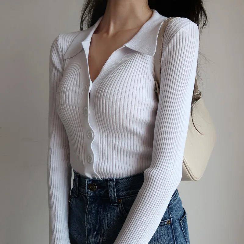 Women Lapel Slim Slimming Tops Ladies Hollow Buttons Sexy V Neck Long Sleeve POLO Neck Knit Cardigan Sweater Women 240806