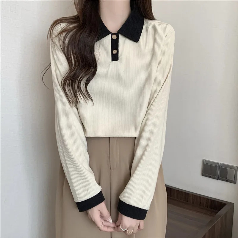 Autumn long sleeved knitted T-shirt Y2k top retro womens sweater fashionable shirt street clothing casual polo neck T-shirt 28401 240827