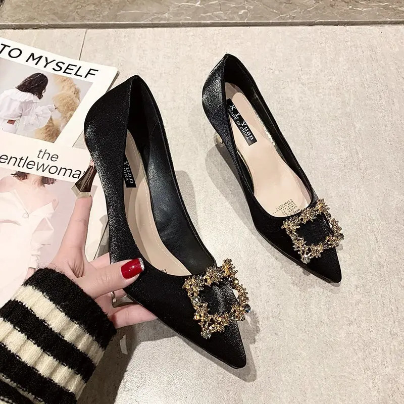 Sexy sequin rhinestone beige wedding shoes 7cm high heels womens thin high heels 240802