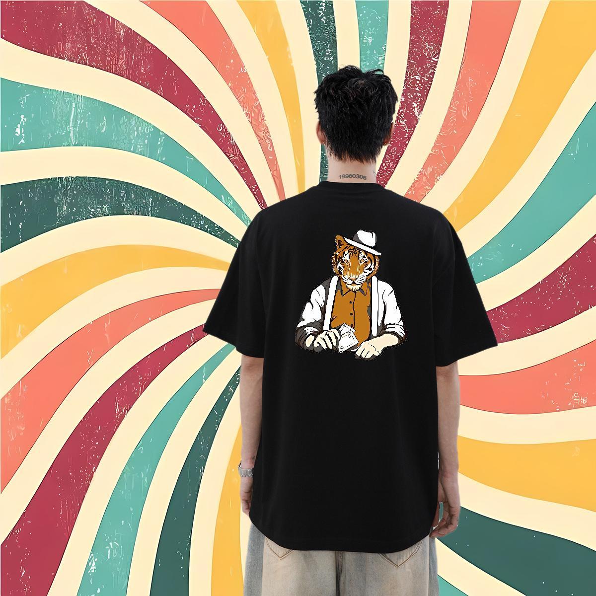 Customized T Shirts Men 100% Cotton 230g tiger Casual Beach Tee Shirt Short Sleeve O-Neck Loose Men Clothes T-Shirt Custom Printed