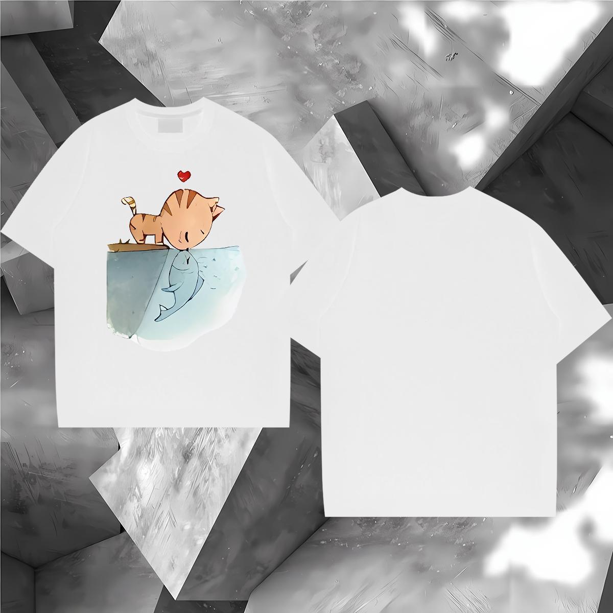 Fashion Design Men T Shirts 230g Pure Cotton cat Summer Casual Tops Shirt O-Neck Short Sleeve Cool Design Men Clothes T-Shirt Asian Size