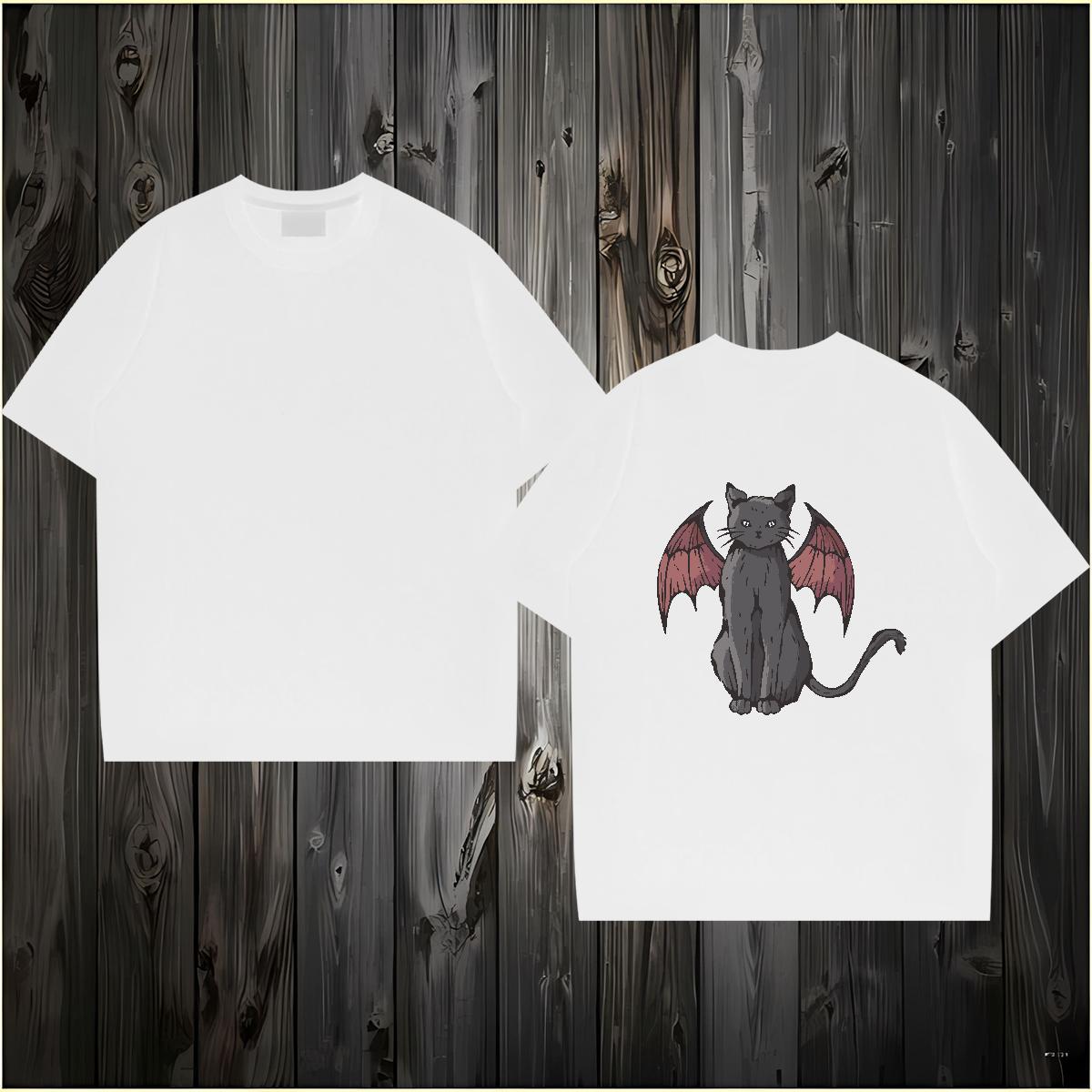 2024 DIY T-Shirts 230g 100% Cotton cat Daily Wear Tops Breathable Crew Neck Loose Couples T Shirts Cartoon Print