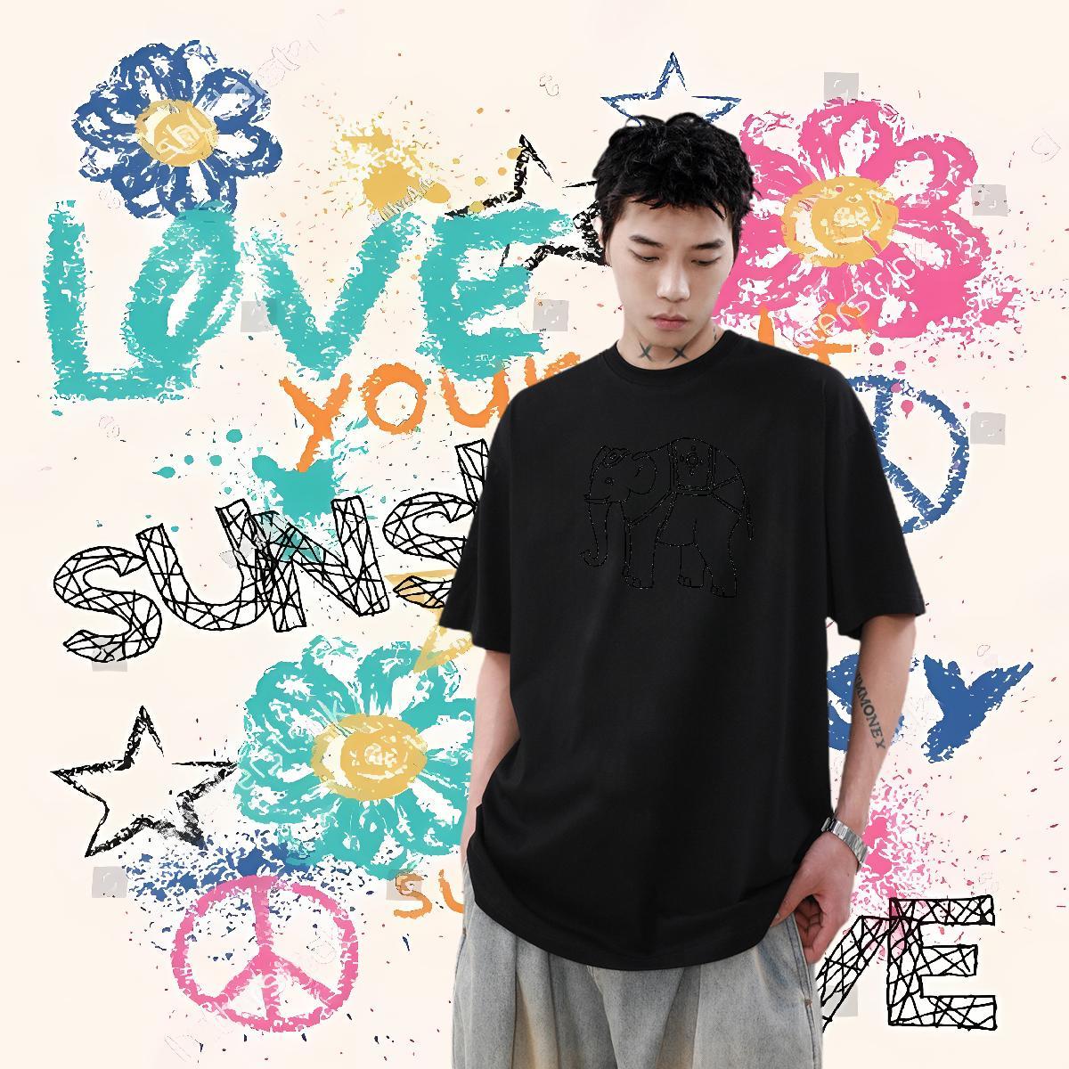 Designer T shirt 230g 100% Cotton elephant Sport Wear Short Sleeve O-Neck Cool Men Tees Black White