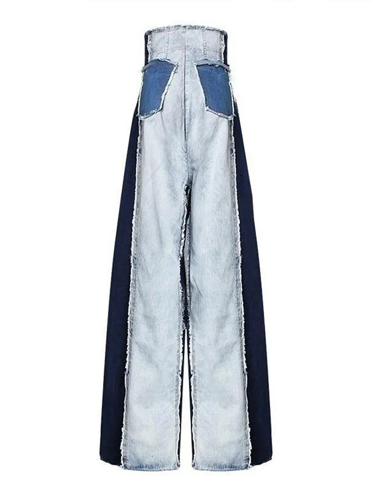 Women High Waist Jeans Patwork Vintage Streetwear Denim Pants Casual Colorblock Patchwork Raw Trim Wide Leg Denim Jeans Trousers 240806