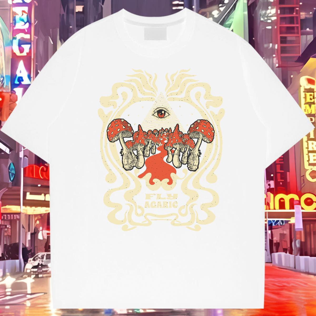 Factory Direct T Shirts Men 230g Pure Cotton mushroom Street wear Hip Hop Tees Short Sleeve O-Neck Unisex Couples T Shirts Black White