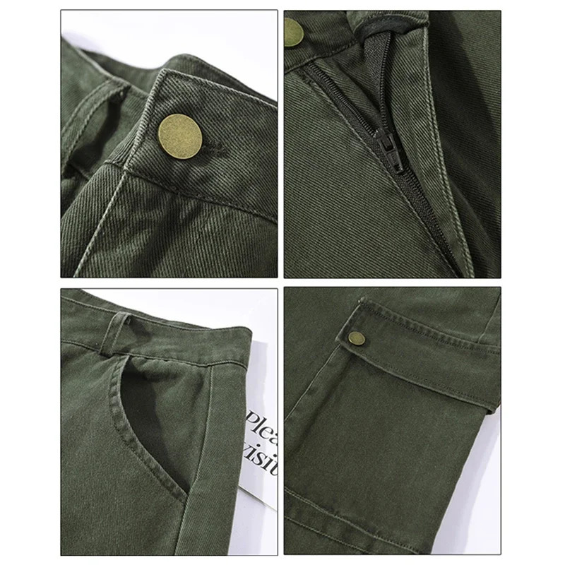 HOUZHOU Y2K Cargo Jeans Denim Pants Women Green Wide Leg Cargo Trousers Female Korean Streerwear Hip Hop Pockets Casual Retro 240806