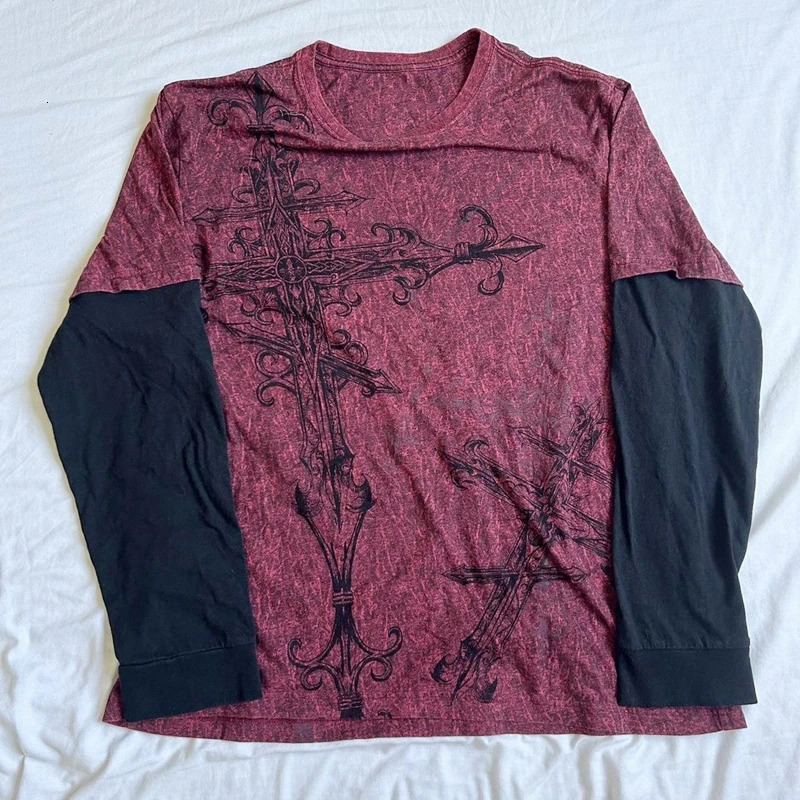 Y2K Grunge Emo Vintage T-shirt 2000s Cross Cyber Goth Patchwork Long Sleeve Tees E-girl Gothic Harajuku Loose Tops Women Men 240806