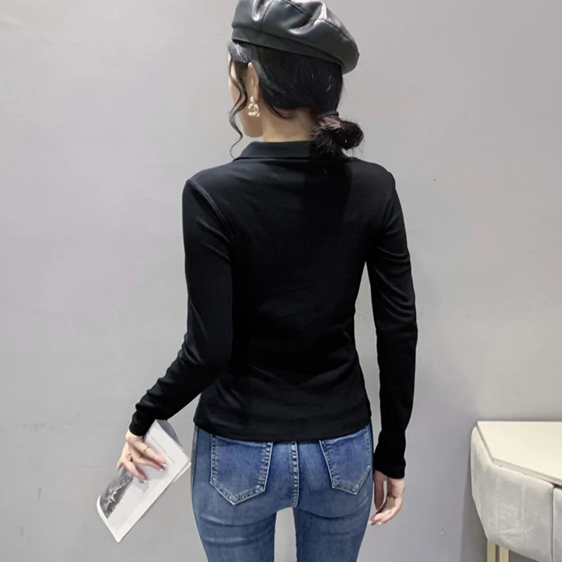 Fall Winter European Clothes T-Shirt Women Fasion Sexy POLO Collar Irregular Split Tops Long Sleeve Casual Tees 37083 240806