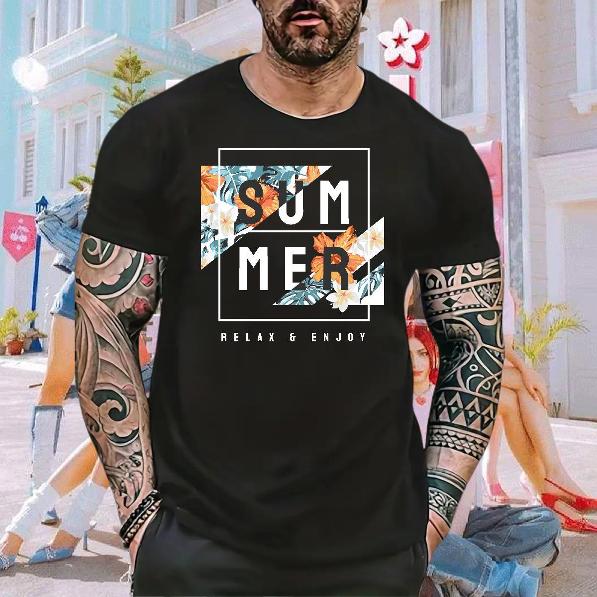 Men T Shirts 230g Pure Cotton flower Home Outdoor Round Neck Short Sleeve Cartoon Printing L-4XL Men Tees Brand Popular Wear