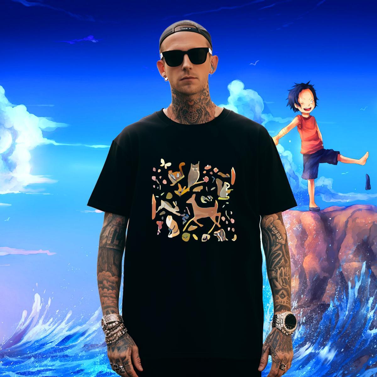 T Shirt For Man 100% Cotton 230g Deer Daily Outfit Breathable Short Sleeve Floral Print Men Tops Tees Fashion Design Comfortable Tee Shirt