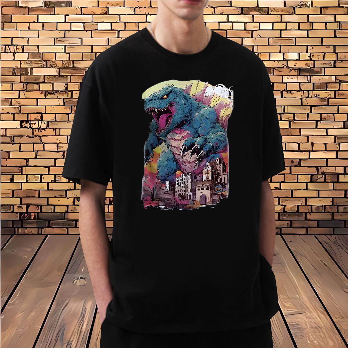 Men T Shirts 100% Cotton 230g dinosaur Daily Outfit Breathable Short Sleeve Anime Mens Tshirts New Brand Tee Shirt