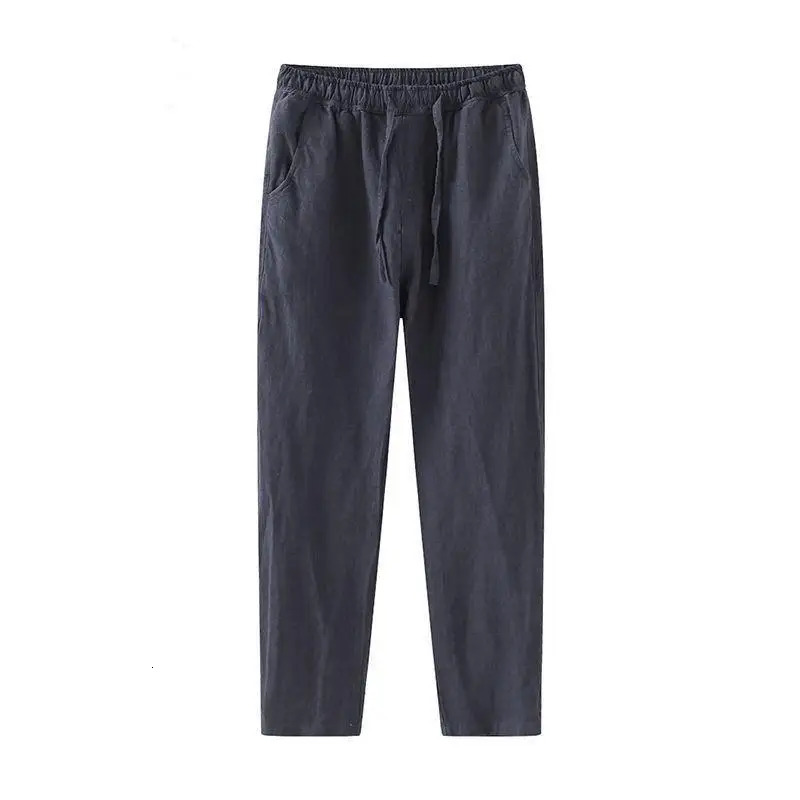 Mens summer streetwear breathable cotton linen ankle length pants mens simple casual solid loose Trouser Y2K pocket Pantalones240806