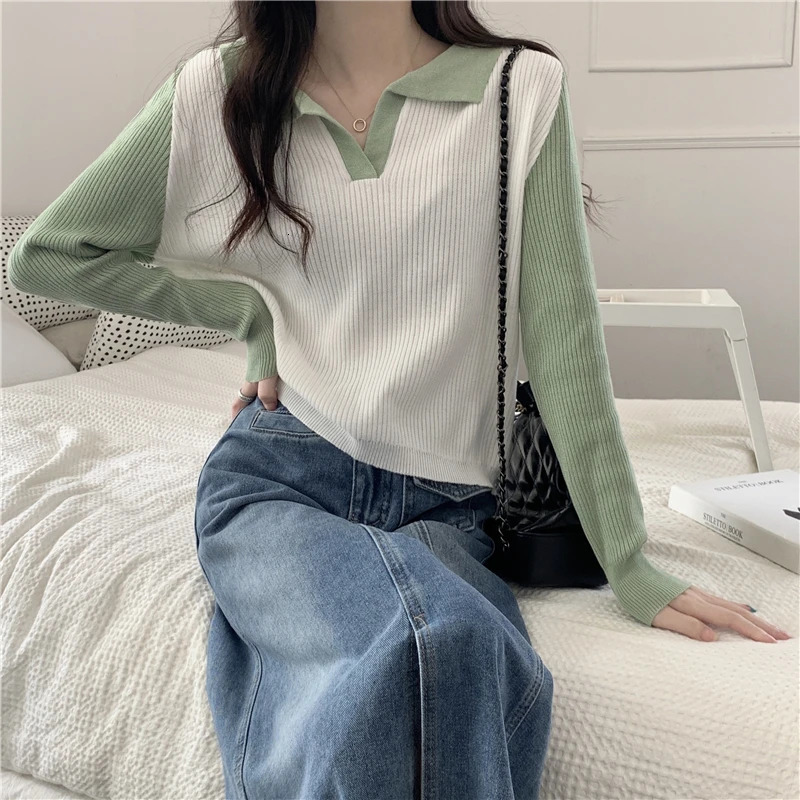 Womens Autumn Colorful Lock Polo Collar Long Sleeve Knitted Womens Top T-shirt Y2k Top 240827