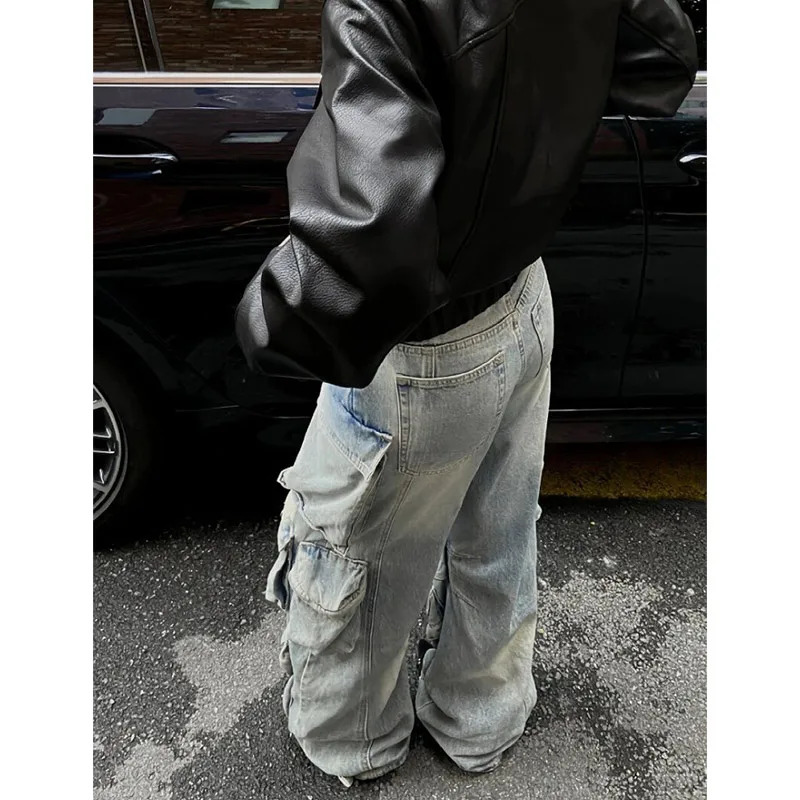 Womens Blue Cargo Jeans Baggy Vintage Y2k Denim Trouser 2000s Harajuku Wide Leg Cowboy Pants Trashy 90s Aesthetic Clothes 240806