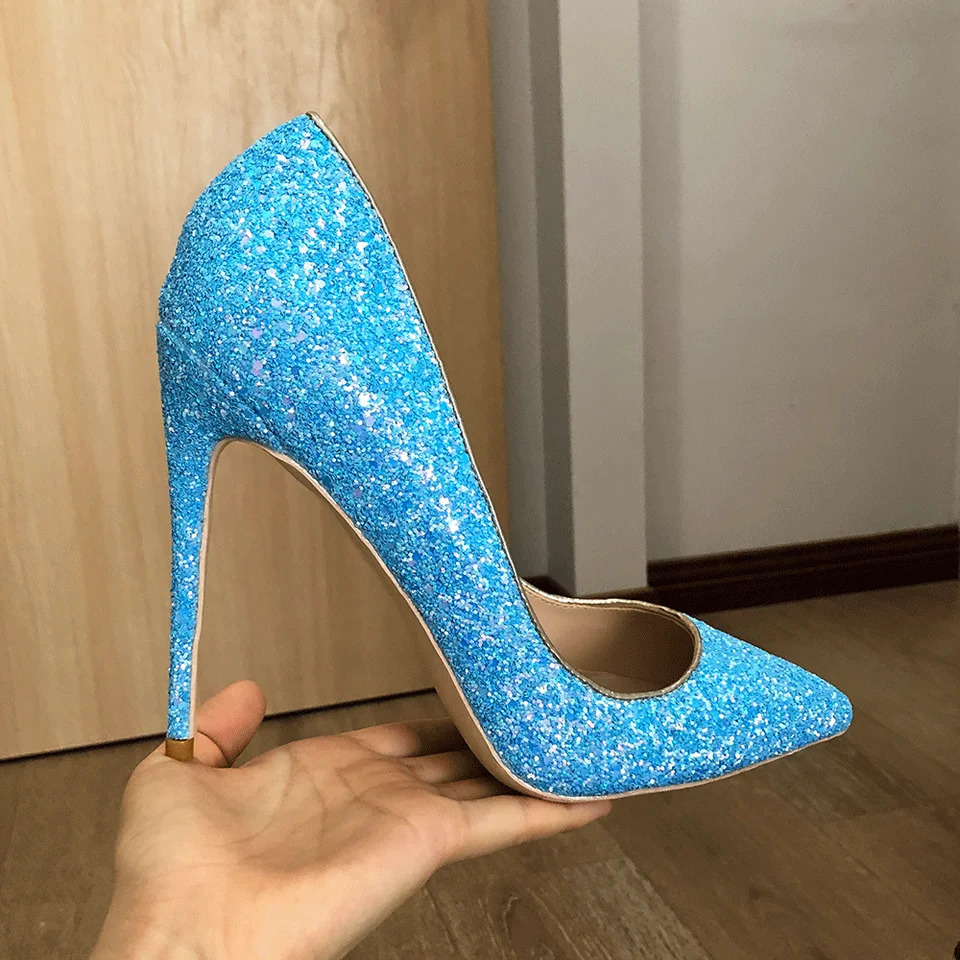Tikipup Sky Blue Womens Sparkling Glitter Dot Toe Stiletto Pump Sexy Womens Ultra High Heels Wedding Bridal Shoes 240802