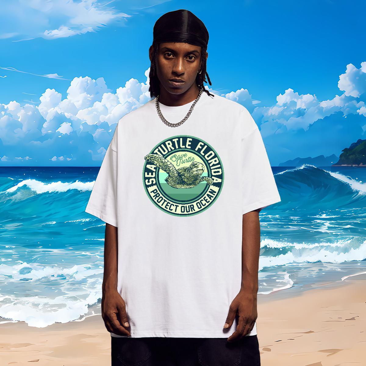 Fashion New T Shirt For Man 230g Cotton tortoise Beach Tops Shirt Breathable Crew Neck Popular Mens Tshirts Black Oversized