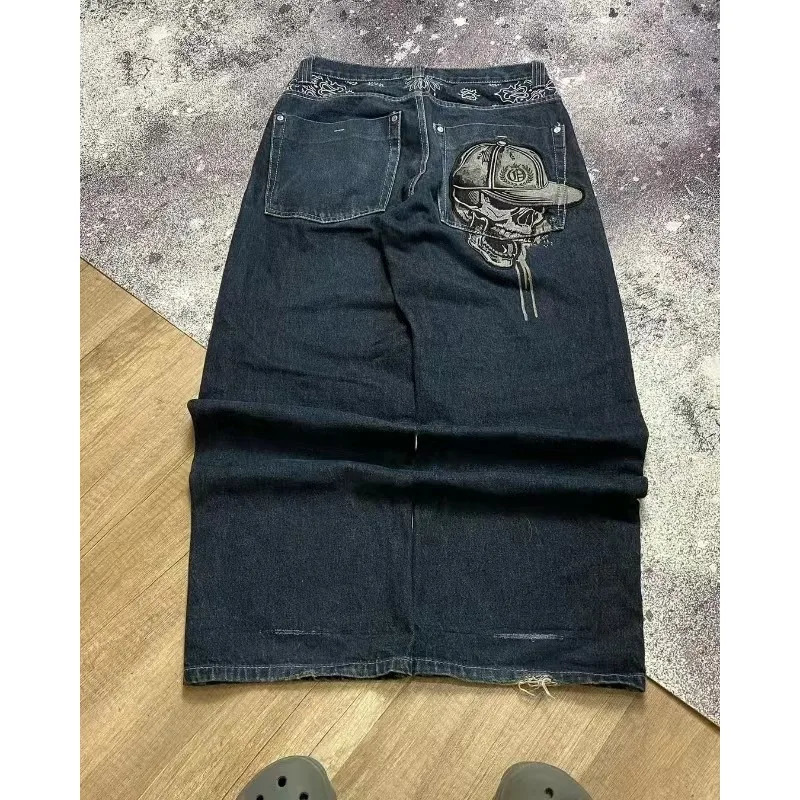 2025 Designer Embroidered Skeleton Jeans Men's Y2K Washed Hip Hop Wide Leg Pants Gothic High Waist Straight Leg Cowboy Pants Street Casual Wear C