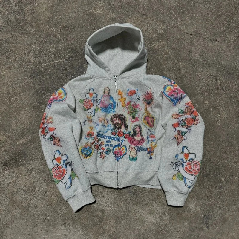 American retro gothic rock letter print pattern oversized hoodie mens fashion Harajuku loose versatile sweatshirt couple style 240806