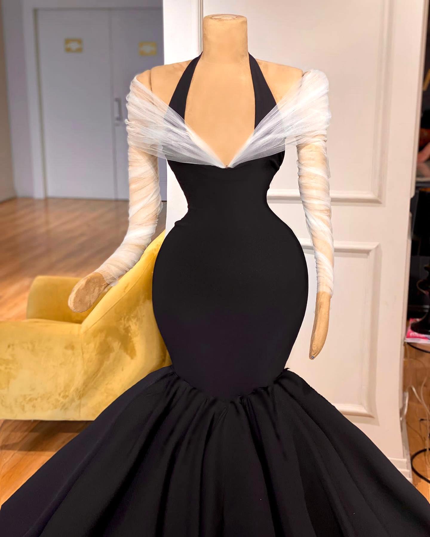 Modern Satin Mermaid Prom Halter Transparent Tulle Long Sleeves Sweep Train Special Ocn Dresses Bc19304 0219