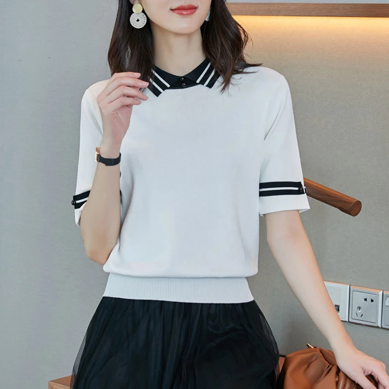 Summer Halft Sleeve Knitting Tee Female Casual Fashion Tee Slim Patchwork Pullover Tops Women Polo-neck All-match T-shirt 240806