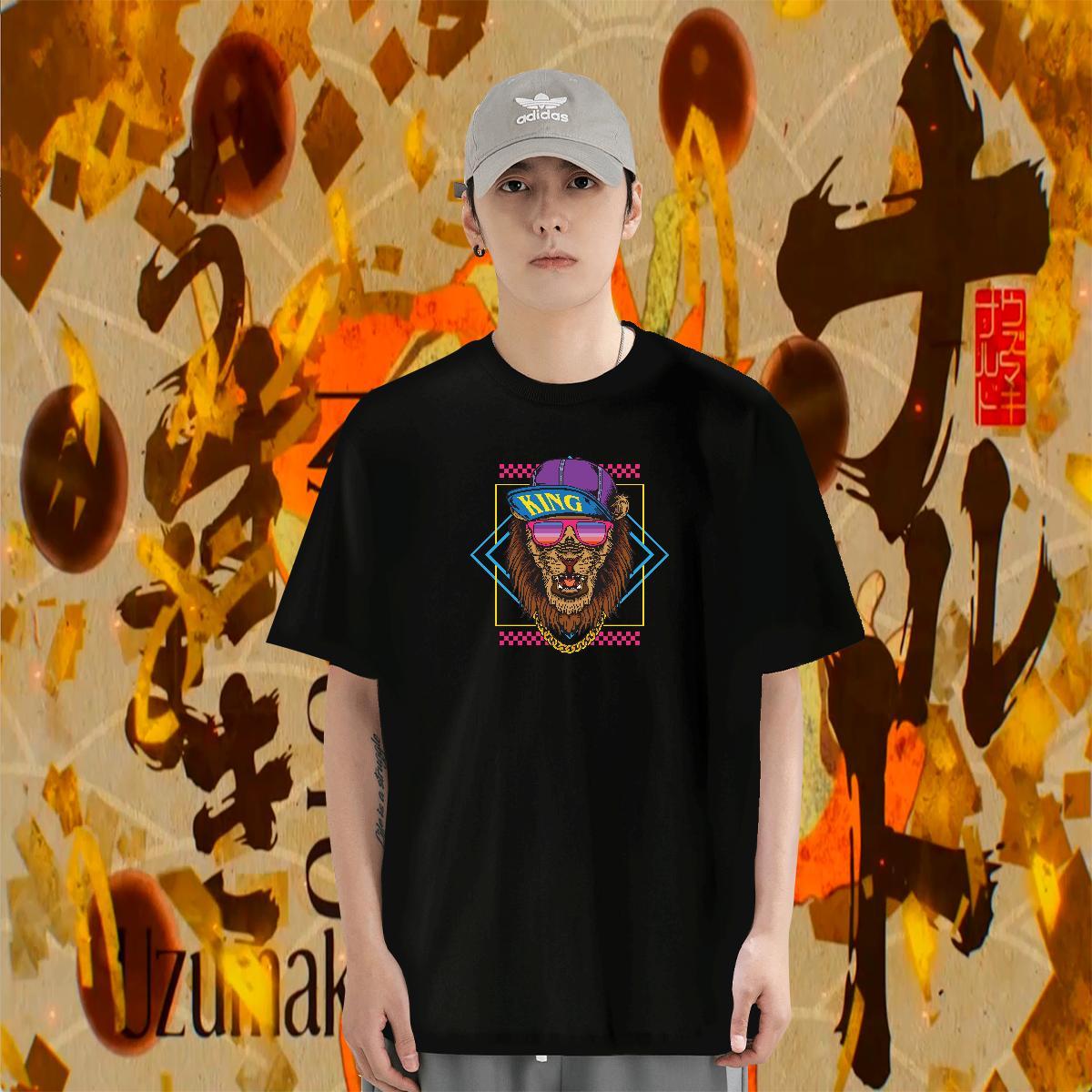 Popular Mens Tshirts 230g Cotton High Street Hip Hop lion Custom Print Oversized Short Sleeve O-Neck 2024 T Shirt For Man Tops Tees