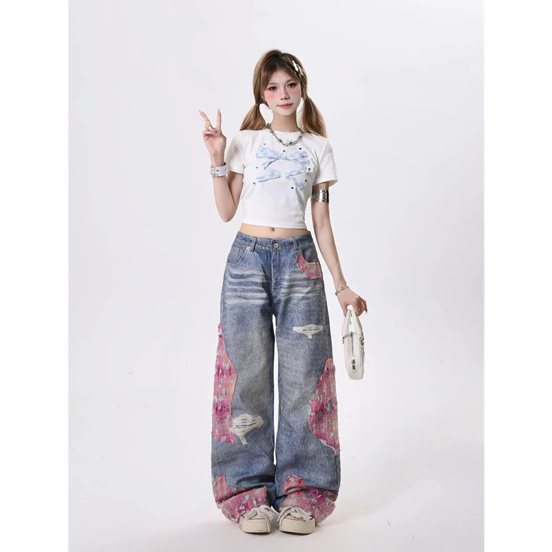 Autumn Vintage Ripped Harajuku Y2K Loose Jeans Hollow Out Tassels Pants Womens Wide Leg Trashy Print Baggy Denim Trouser 240806