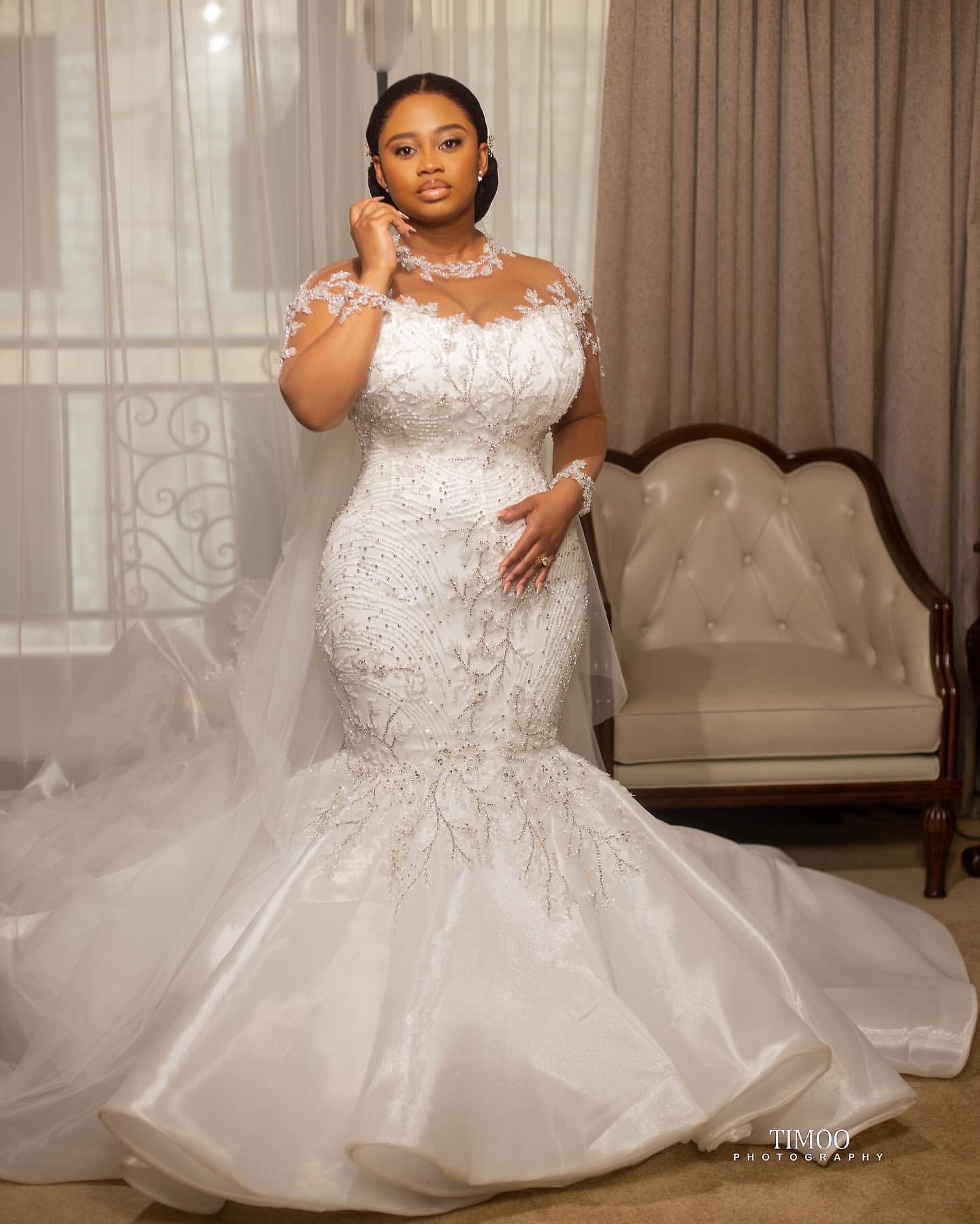 2024 Arabic Aso Ebi Plus Size Ivory Mermaid Wedding Dresses Lacefull Beaded Crystals Full Sleeves Vintage Bridal Gowns Dress ZJ204