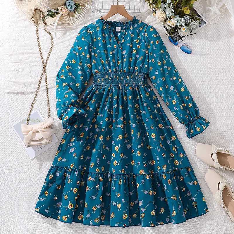 Childrens clothing girl dress 8-12 years old blue long sleeved elastic waist floral print fashion styleW240720