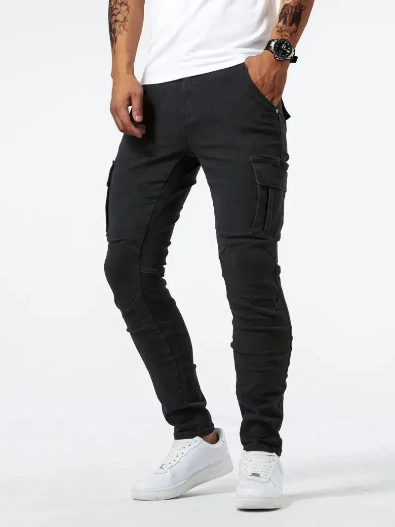 Street Elastic Jeans Men Denim Cargo Pants Wash Solid Color Multi Pockets Casual Mid Waist Trousers Slim Fit Daily Wear Joggers 240806