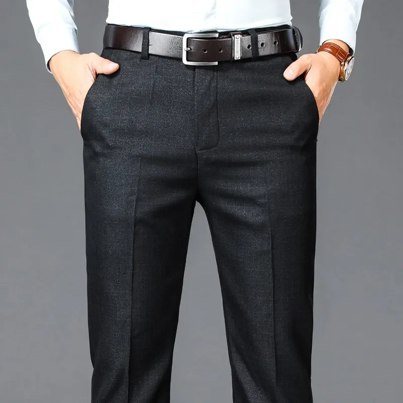 Business Casual Suit Pants Men Solid High Waist Straight Office Formal Trousers Mens Classic Style Long Plus Size 240806