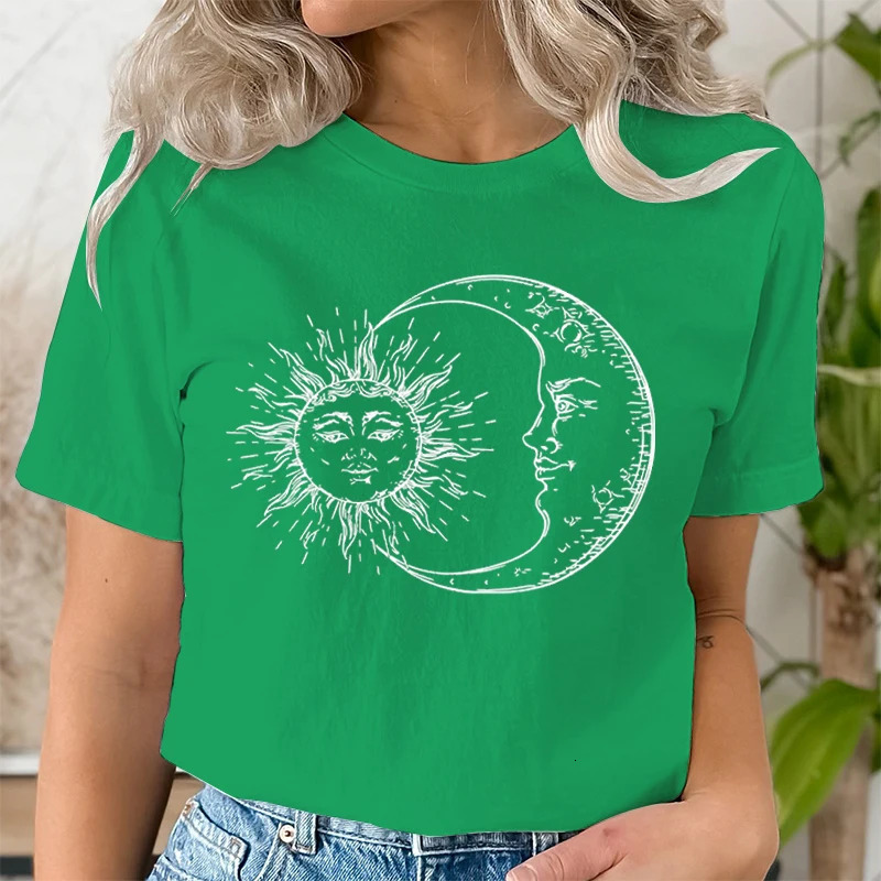 Sun Moon Face Print T Shirts Fashion Summer Casual Tops Punk Womens O-neck Tshirt Clothing Hip Hop Streetwear 2000s Clothes 240806