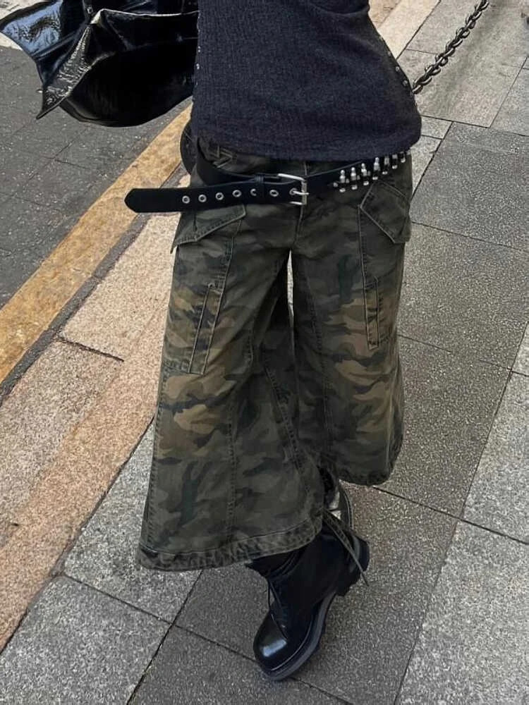 Summer Women American Vintage Japanese 2000s Camo Jorts Jean Shorts Knee Length Denim Pants Y2k Streetwear Harajuku Punk Baggy 240806