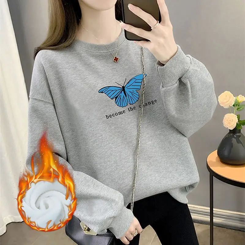 Autumn and Winter Womens Crew Neck Long Sleeves Printing Loose Pullovers Korean Hoodies Fashion Classic Casual All Match Tops 240806