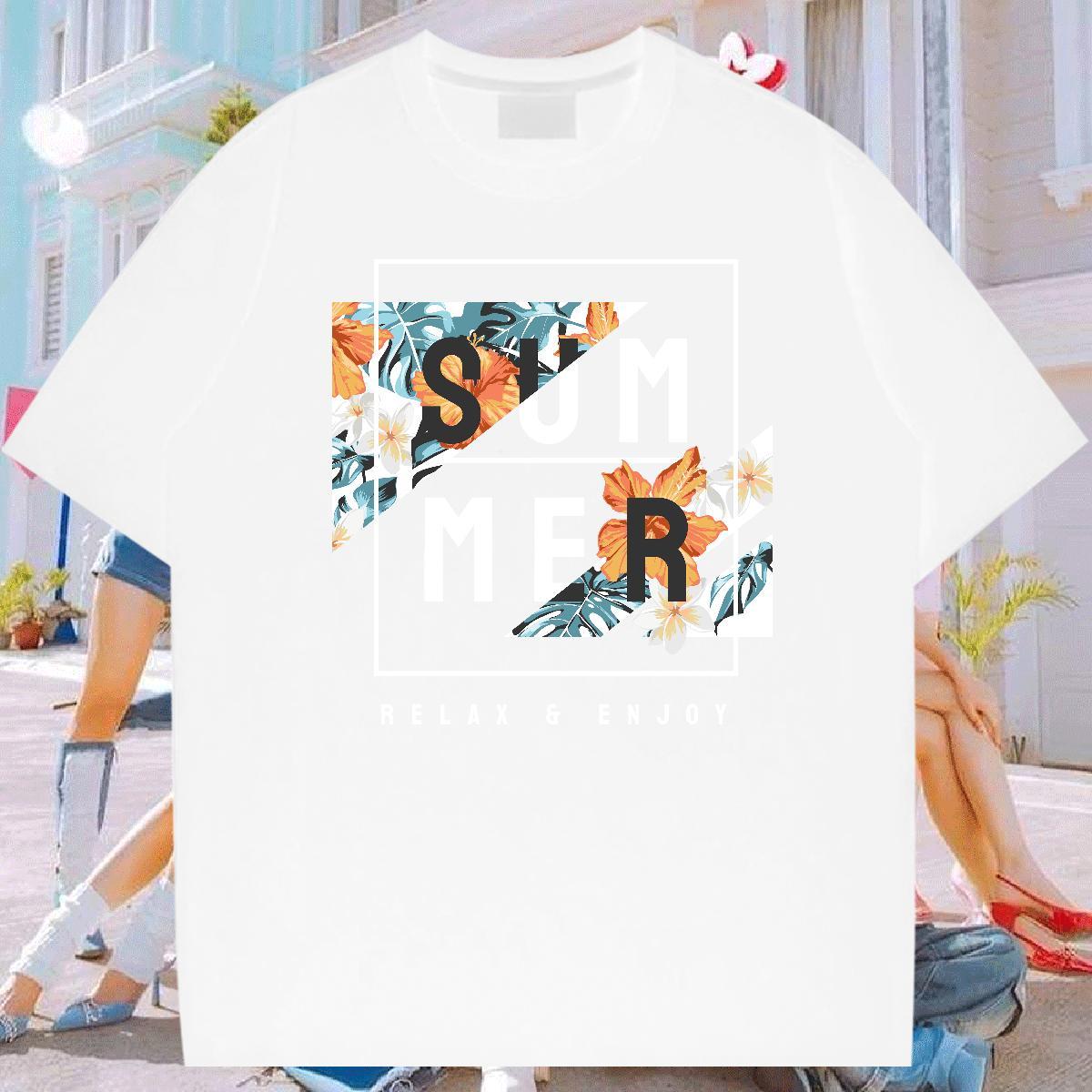 Men T Shirts 230g Pure Cotton flower Home Outdoor Round Neck Short Sleeve Cartoon Printing L-4XL Men Tees Brand Popular Wear