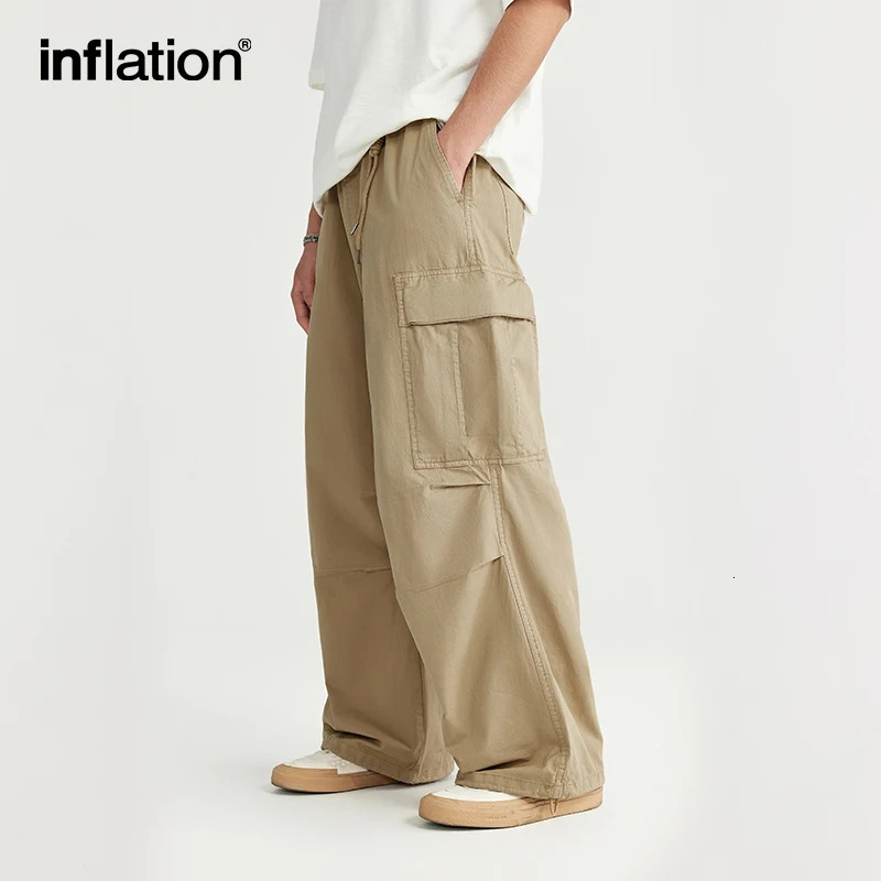 INFLATION Minimalism Washed Wide Leg Cargo Pants for Men Trendy Multi Pockets Casual Trousers 240806