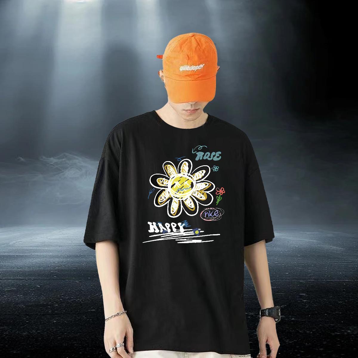 Brand Men T Shirts 230g 100% Cotton flower Hip Hop Street Clothings Breathable Short Sleeve Loose Tshirt for Man Woman Custom Anime