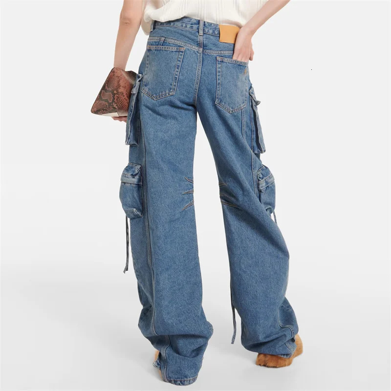 Womens pants autumn in Vintage washed pure cotton Womens jeans Multi pocket decoration low waist cargo pants Trousers 240806