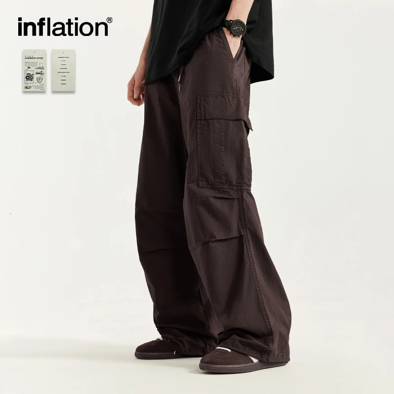 INFLATION Minimalism Washed Wide Leg Cargo Pants for Men Trendy Multi Pockets Casual Trousers 240806