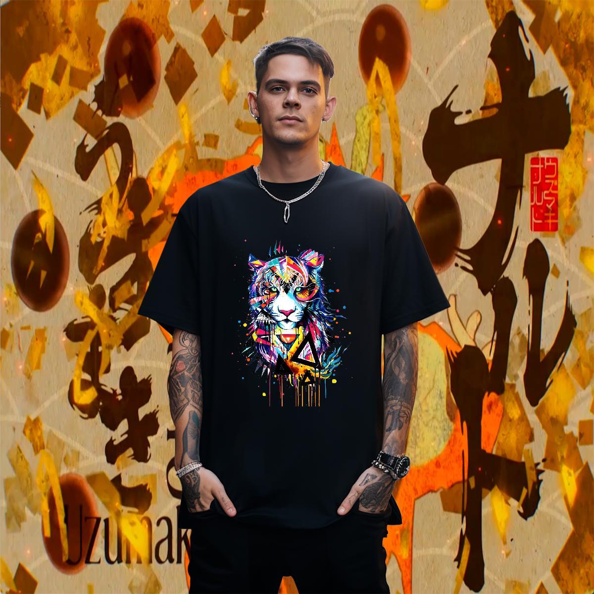 Loose Fit Men Tees 230g 100% Cotton Summer Casual tiger Oversized 4XL Breathable Crew Neck Fashion Design T Shirt For Man Tees Shirts