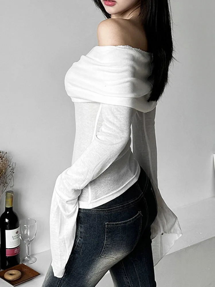 Y2k Aesthetic Simple Fashion Womens Tee Shirts Slash Neck Long Sleeve Solid Casual T-Shirts Vintage Off Shoulder Trendy Tshirts 240806