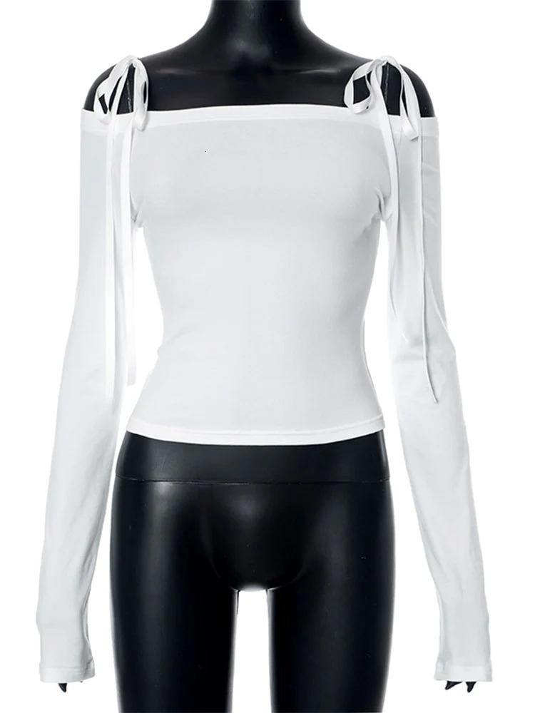 Sexy Bow Off Shoulder Skinny Tops for Women Autumn Winter Y2K Fashion Long Sleeve T-shirts Solid Basic Streetwear 240806