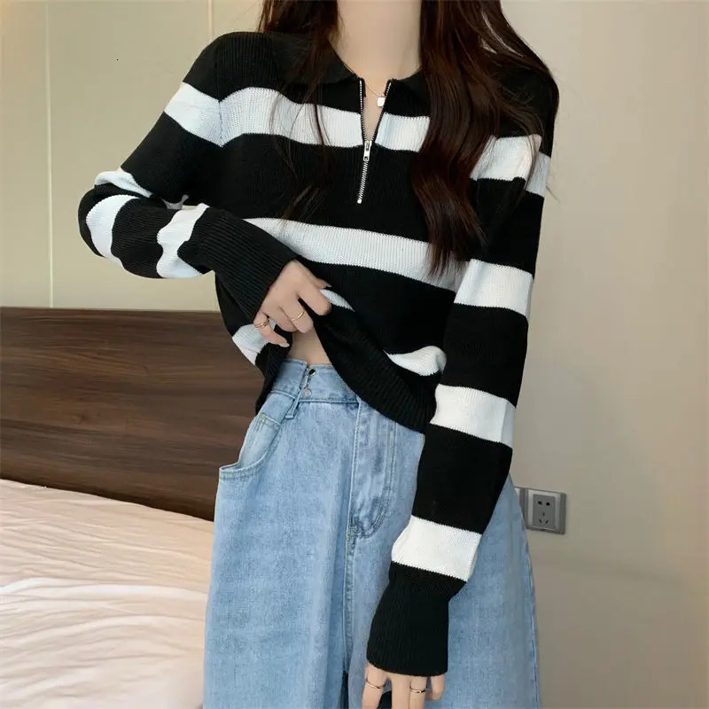 Striped Autumn Winter Womens Spliced Polo Collar Zipper Fashion Solid Loose Minimalist Casual Long Sleeve Knitted Top 240806