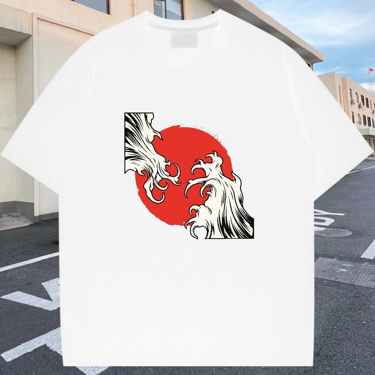 Fashion Casual T-Shirts for Men sea wave Tops Tees 230g 100% Cotton Street Wear Comfortable White Plus Size O-Neck Short Sleeve Tshirt for Man Woman