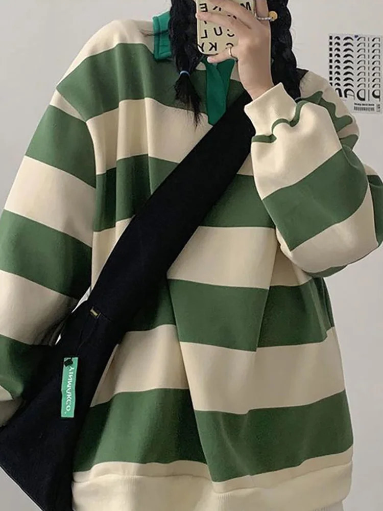 Green Striped T shirt Women Oversized Tee Harajuku Long Sleeve preppy Polo Shirt Ladies T-shirts For Teenagers Spring Casual Top 240806